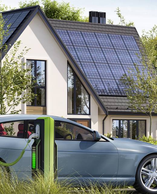 Street of beautiful residential houses with rooftop solar panels